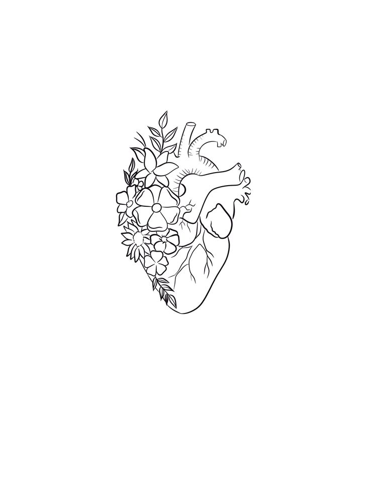 a drawing of a heart with flowers and leaves on the side, in black and white