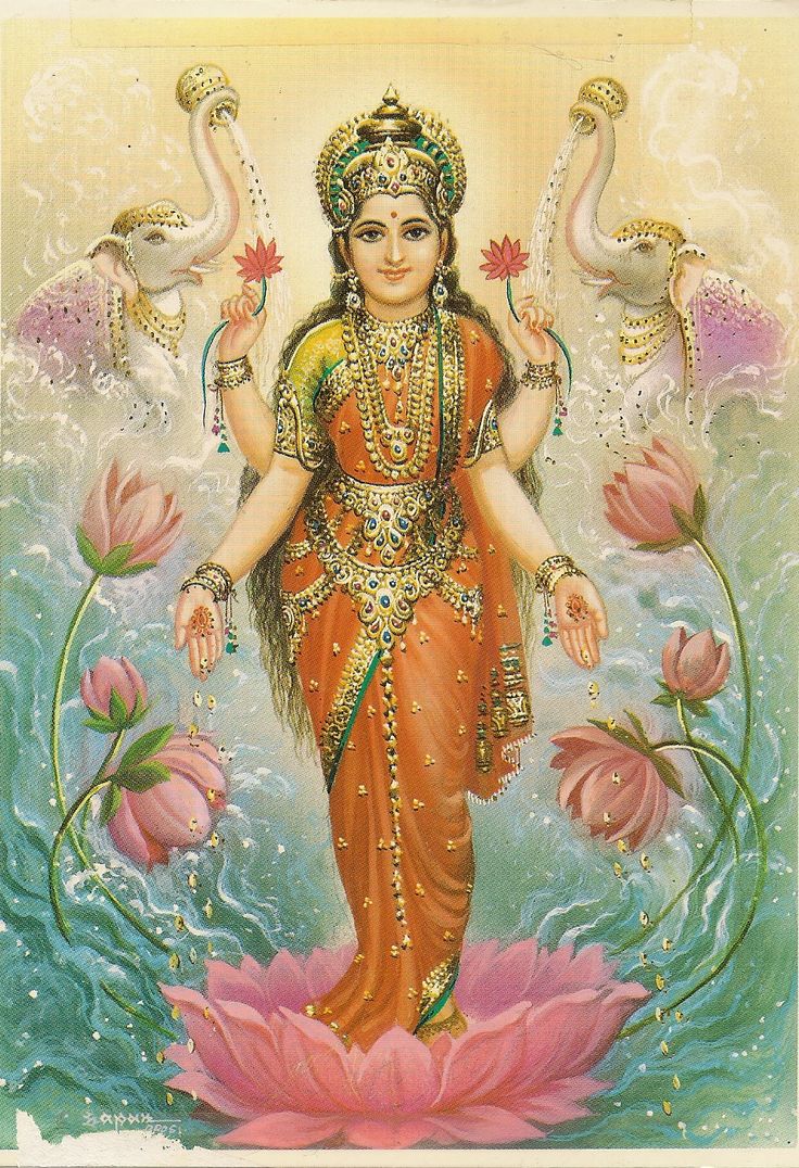 the hindu goddess is standing on top of a lotus flower with two swans in the background