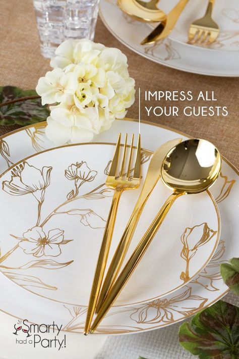 With a gold antique floral design and a white color, these sleek and stylish disposable dinner plates are perfect for any event or for hosting a large party Dinner Party Plates, Plastic Party Plates, Dinner Party Decorations, Golden Birthday, Antique Floral, Floral Plates, 50th Wedding Anniversary, Glamorous Wedding, 50th Wedding