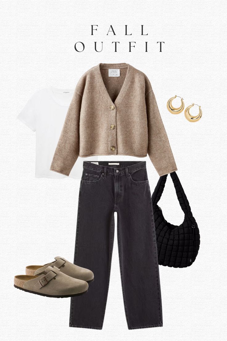 Birkenstock Autumn Outfit, Women Outfit Inspo Aesthetic, Minimal Winter Wardrobe, Jean And Cardigan Outfit, Mom Outfits Fall 2024, Outdoor Fall Outfits Women, Fall Business Fashion, Mom Drop Off Outfit, Fall Outfit Collage