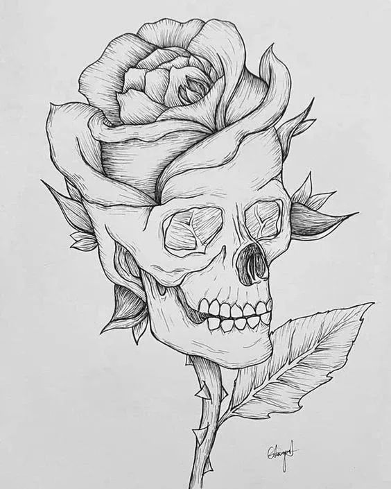 a drawing of a skull with a rose on it's head and leaves around its neck