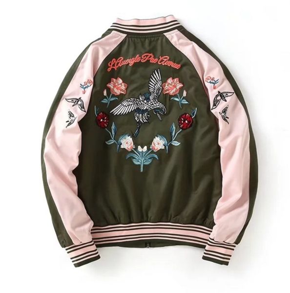 Embroidery Jacket, Harajuku Fashion Street, Flying Bird, Bird Embroidery, Embroidered Collars, Baseball Jacket, Striped Fabrics, Harajuku Fashion, Aesthetic Outfits