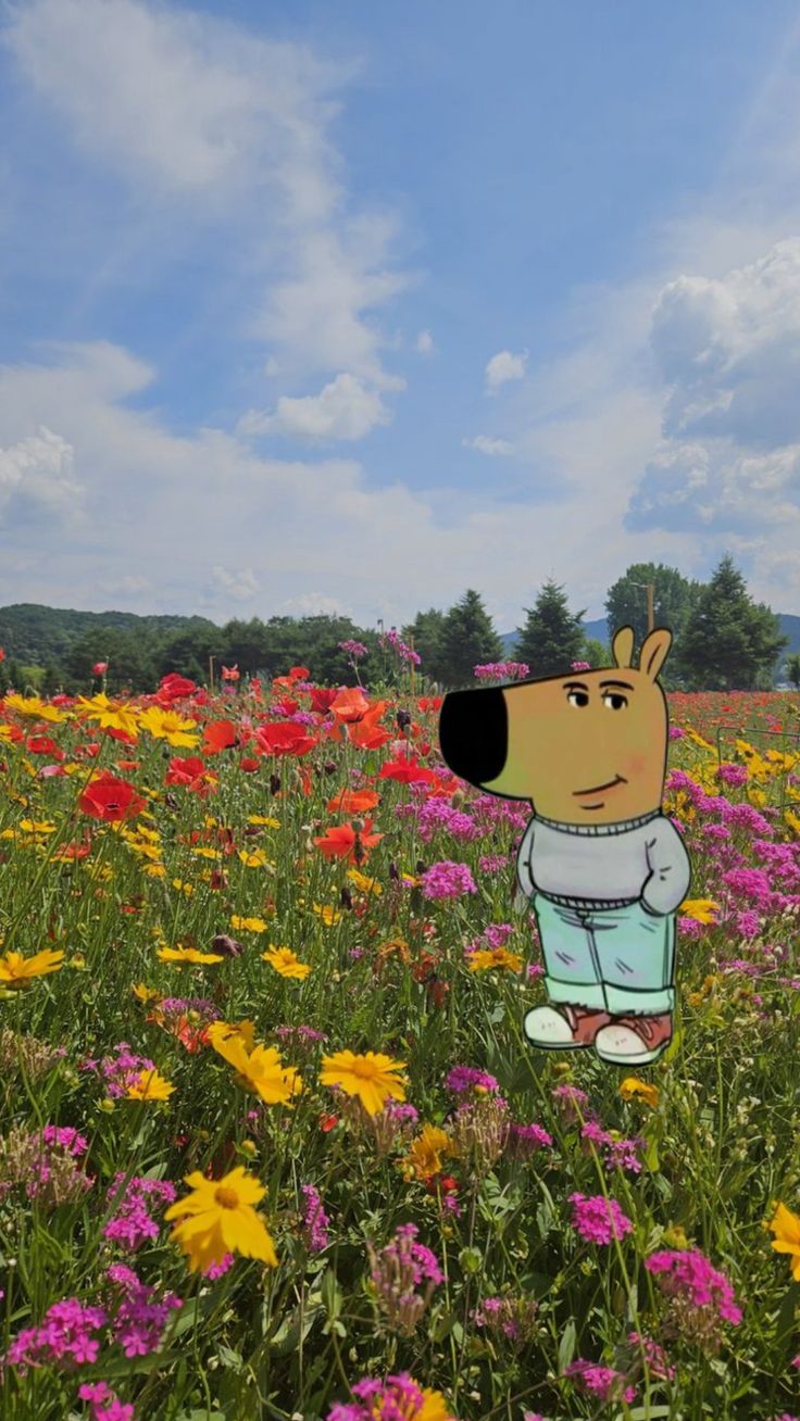 a cartoon dog standing in a field of flowers