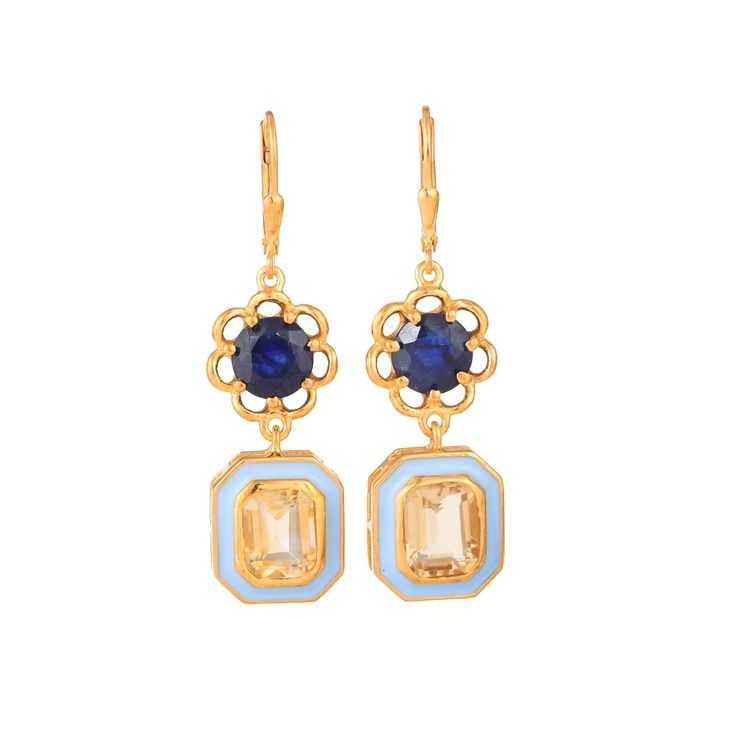 Blue Sapphire & Citrine 14K Gold Vermeil Over Sterling Silver Enameled Earring 925 Silver = 6.50 gm. Blue Sapphire & Citrine = 8.00 ct. Citrine is the birthstone for November and is a symbol of healthy mind and happiness. The beautiful earring measures to be 1.75 inches long including the ear clip and 0.55 inches wide at its maximum points. The earrings have been made by a team of highly trained and skilled artisans. What is Vermeil 14K Gold? It is a thick layer of 14K Gold plating on 925 Sterli 1960s Jewelry, Enamel Earrings, Healthy Mind, Silver Enamel, Gold Vermeil, Sterling Silver Pendants, Beautiful Earrings, Citrine, Blue Sapphire