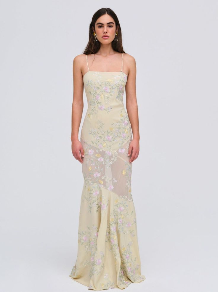 Jacqueline Maxi Dress — Yellow Spring Gown With Sheer And Fitted Bodice, Spring Evening Gown With Floral Embroidery, Spring Organza Maxi Dress With Fitted Bodice, Sheer Bodice Organza Maxi Dress, Spring Prom Maxi Dress With Floral Embroidery, Spring Silk Gala Gown, Spring Gala Silk Gown, Spring Floral Embroidered Maxi Dress For Prom, Spring Floral Embroidered Fitted Gown