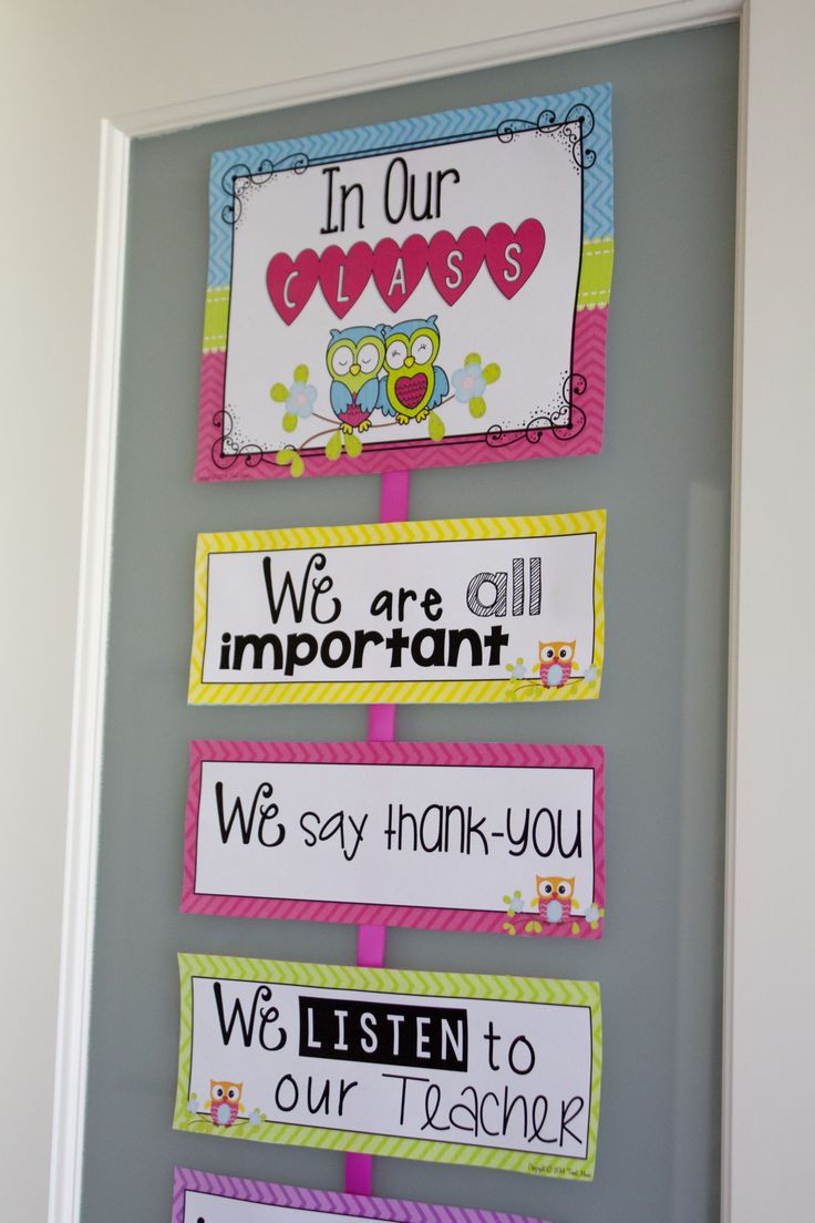 a bulletin board that has some words on it and an owl in our class sign