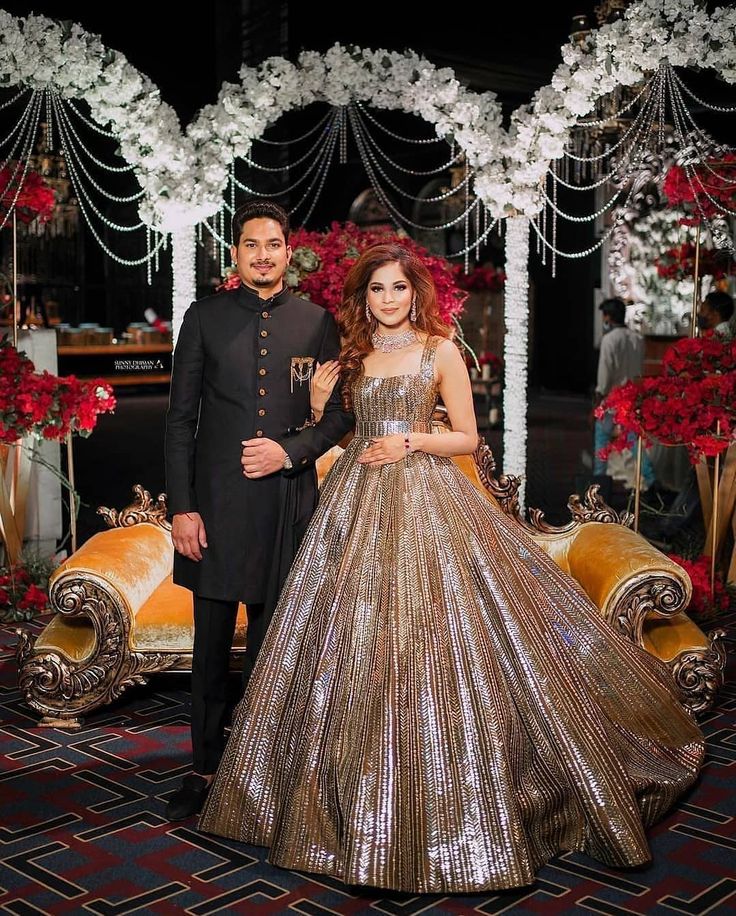 Indian couple Indian Bride Gown Receptions, Reception Look For Indian Couple, Engegment Dresses For Groom, Engagement Indian Couple, Sangeet Outfit Bridal And Groom, Couple Shadi Dress, Reception Look Bride And Groom Indian, Reception Dress Bride Gown, Engagement Looks For Indian Bride In Gown