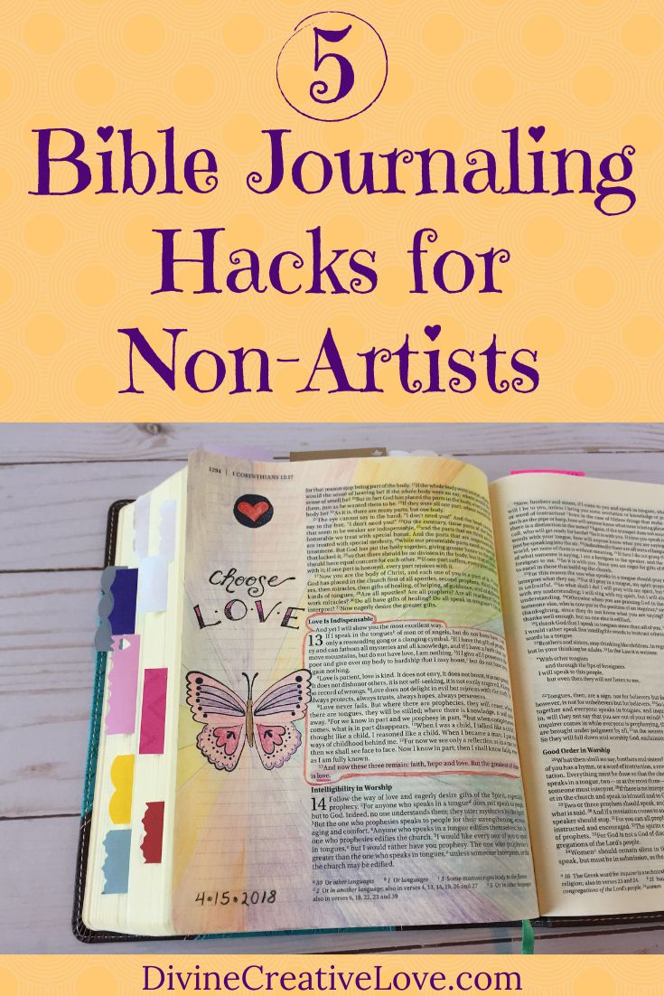 an open bible with the text bible journaling hacks for the creatively challenged