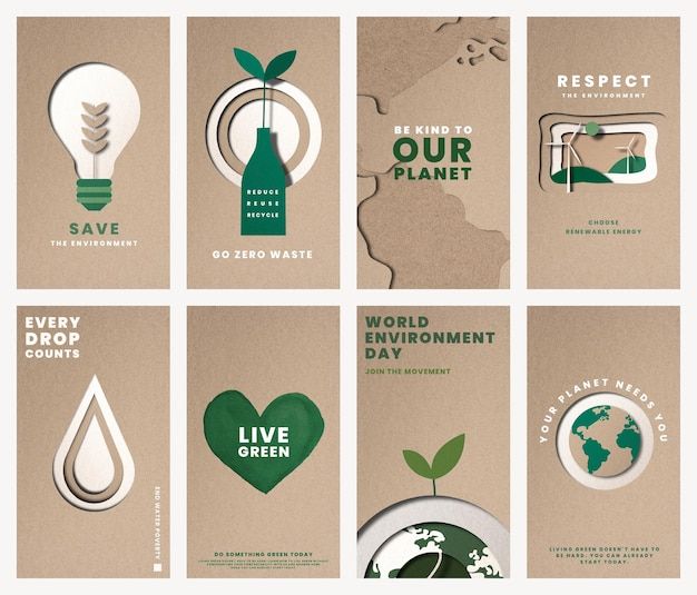 six different green cards with the words, save our planet and world environment day written on them