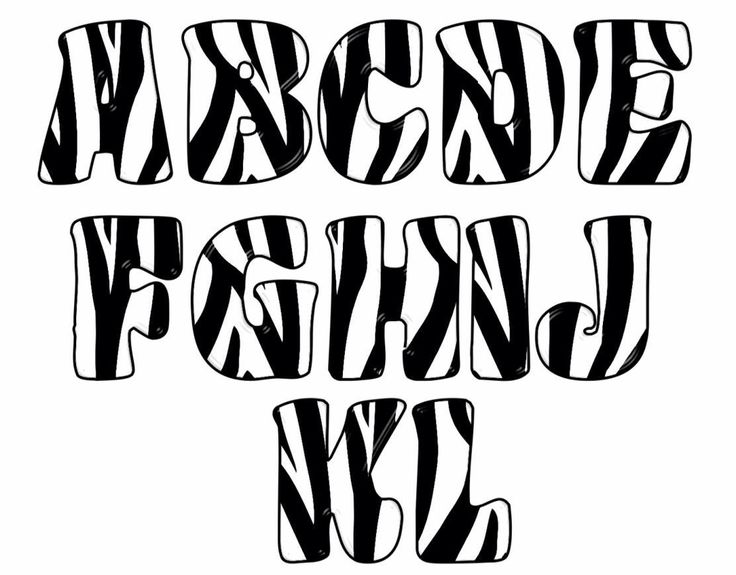 the letters are black and white with zebra stripes on them, as well as an uppercase