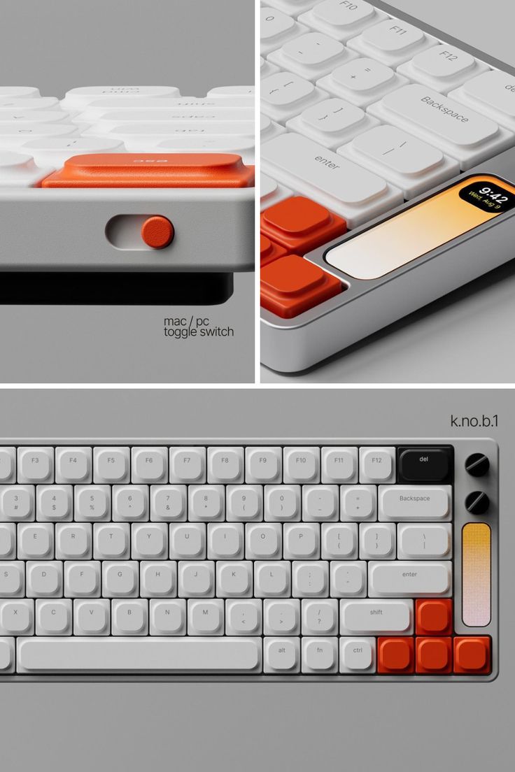 an orange and white keyboard is shown in three different views, including the key board