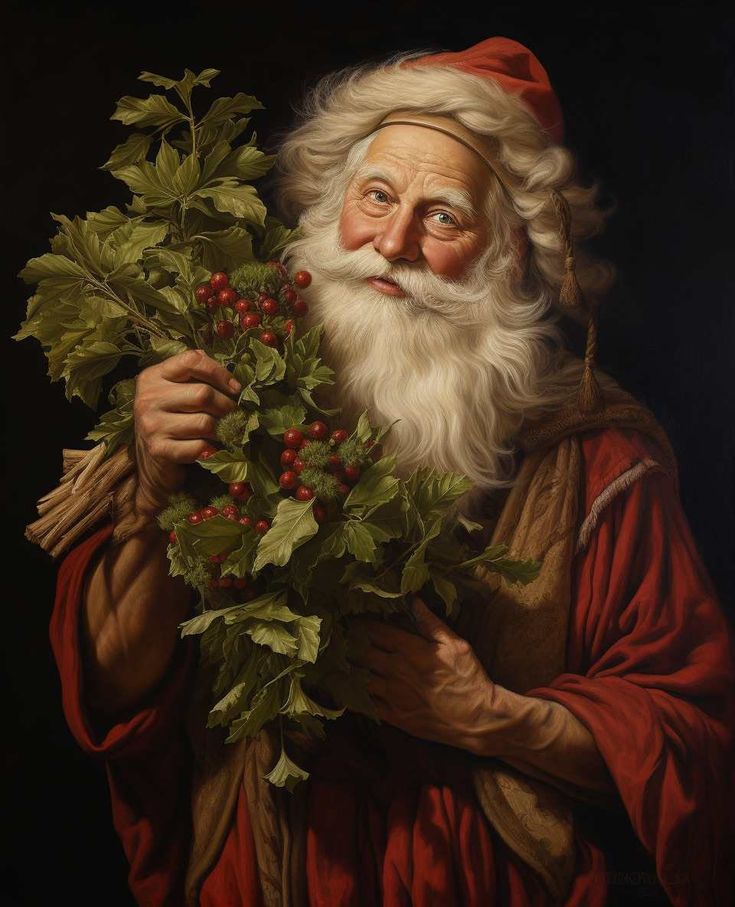 a painting of santa claus holding holly leaves and looking at the camera with an indifferent look on his face