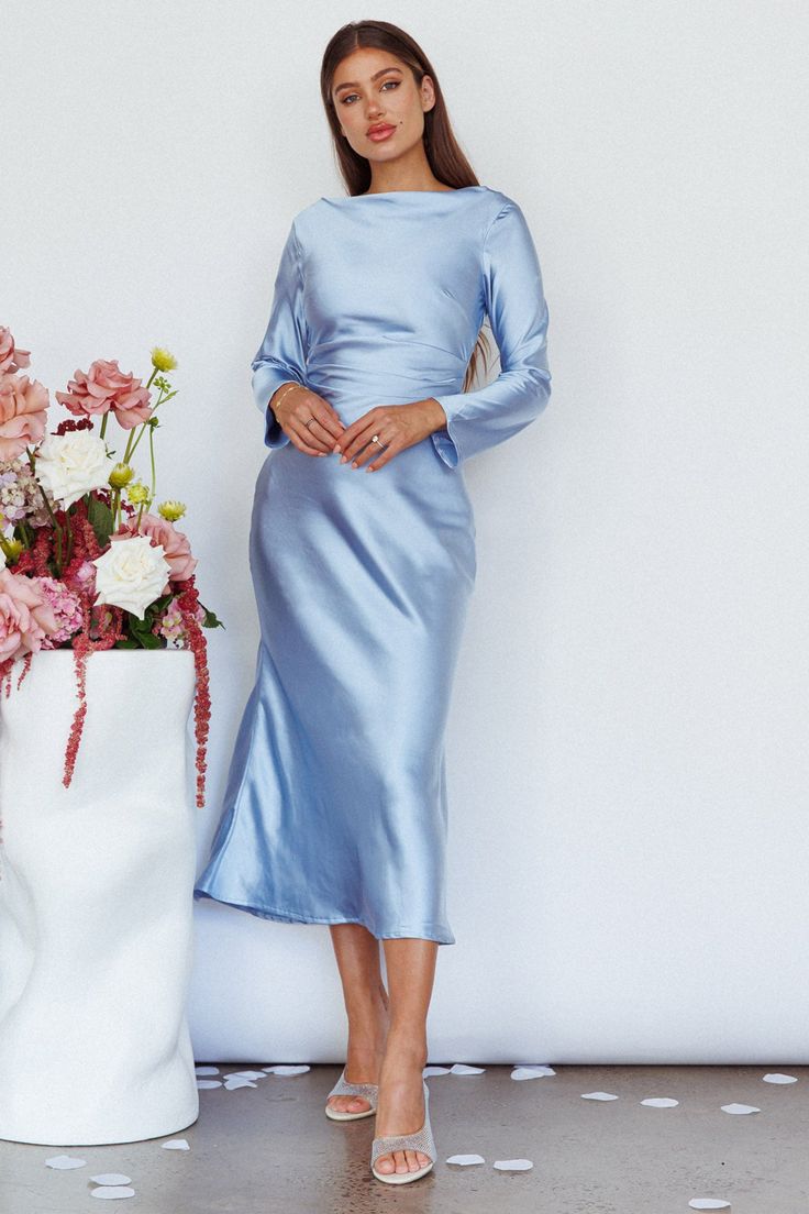 Loveland Cowl Back Midi Dress Ice by Selfie Leslie Flare Sleeve Dress Formal, Ice Blue Silk Dress, Winter Blue Bridesmaid Dresses, Long Sleeve Satin Midi Dress, Winter Church Dresses, Blue Bridesmaid Dresses Modest, Blue Modest Bridesmaid Dresses, Satin Dress With Long Sleeves, Icy Blue Dress