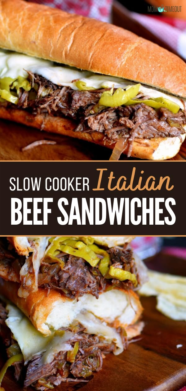 slow cooker italian beef sandwiches with peppers and cheese on the buns are ready to be eaten