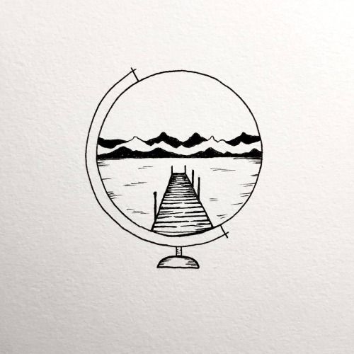 a black and white drawing of a dock in the middle of a body of water