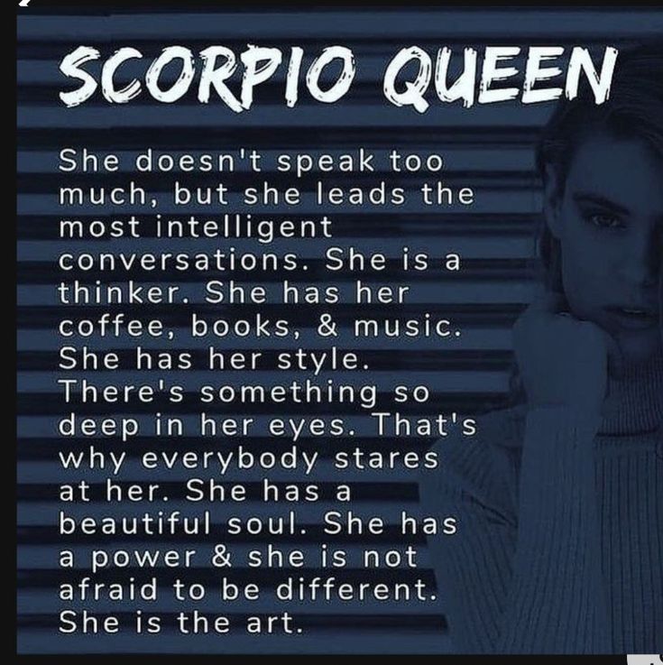 an advertisement with the words scorpio queen written in white and black on it