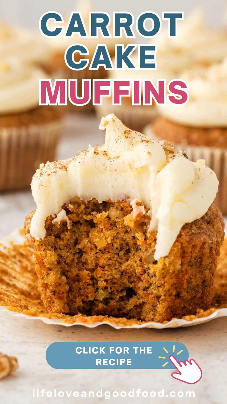 carrot cake muffins with cream cheese frosting on top and the title overlay reads, carrot cake muffins