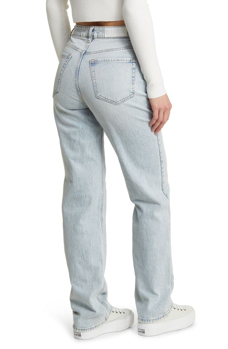 Roomy jeans are cut with a hint of stretch and turned to the perfect shade of sunbaked fade. 32" inseam; 16" leg opening; 12 1/2" front rise; 16" back rise (size 29) 99% cotton, 1% spandex Machine wash, tumble dry Imported Light Wash Straight Bottoms With Five Pockets, Straight Light Wash Bottoms With Five Pockets, Summer Washed Blue Rigid Denim Flare Jeans, Light Wash Straight Fit Denim Bottoms, Dark Wash Straight Bottoms For Summer, High Rise Washed Cropped Jeans In Rigid Denim, High Rise Light Wash Cropped Jeans With Five Pockets, Light Wash Mom Fit Mid-rise Bottoms, Light Wash Mid-rise Mom Fit Bottoms