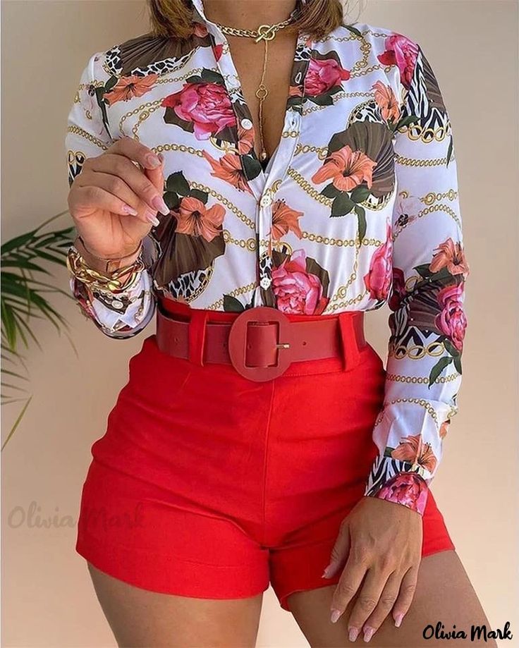 Olivia Mark - Camisa de manga larga con cuello alto y estampado digital - Calidad superior Chiffon Style, Women Wholesale, Turndown Collar, Floral Print Blouses, Spring Shirts, Casual Sets, Sleeves Pattern, Two Piece Outfit, Middle Age