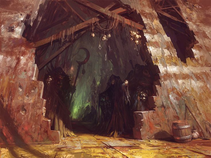 a painting of a cave with two people standing in the doorway and looking at something