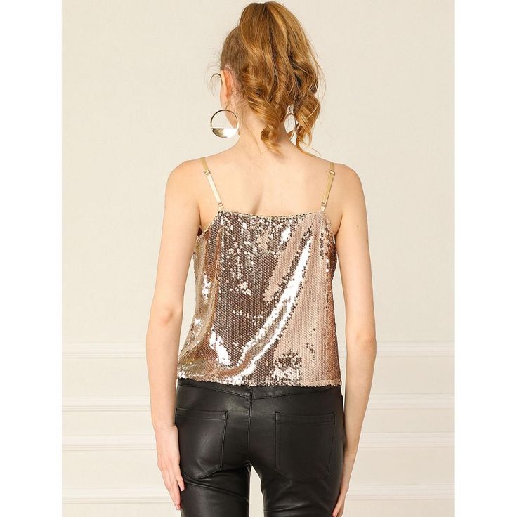 A classic cami that's elevated by modern embellished detailing. Sequins are the main feature of this sleeveless wardrobe. A simple vest is given a striking update with a sequin overlay, with a V-front for a flattering shape which is perfect to pair with the coordinating sequin skirt for a festive ensemble or on its own with trousers and heeled boots. Perfect for adding sparkles to this season, complete the look with leather leggings and a matching jacket. Except for gold, the tops of other color Cropped Camisole, Fit Summer, Club Parties, Club Party, Chic Woman, Leather Leggings, Cami Tanks, Cami Top, Cami Tops