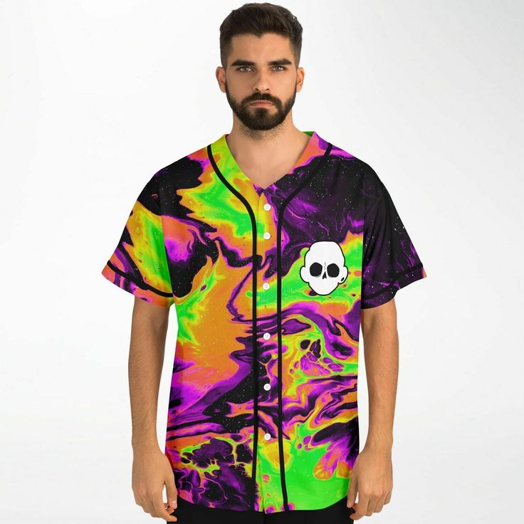 a man wearing a colorful baseball jersey with a skull on it