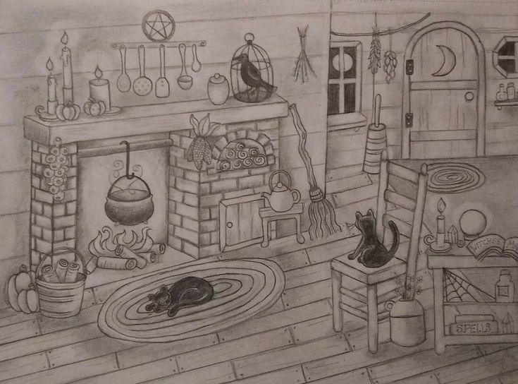 a drawing of a living room with fireplace and cat