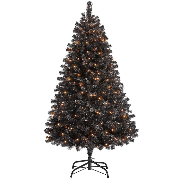 a black christmas tree with white lights on it