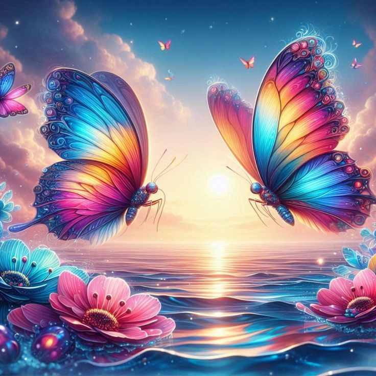 two butterflies flying over the ocean with pink and blue flowers on it's wings