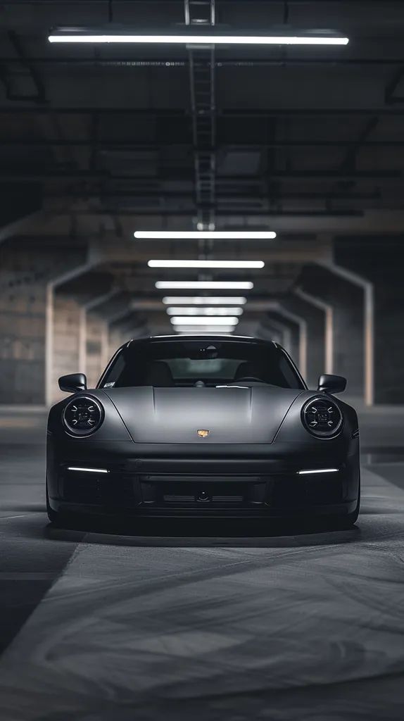 a black sports car parked in an empty parking garage with lights shining on the cars hood