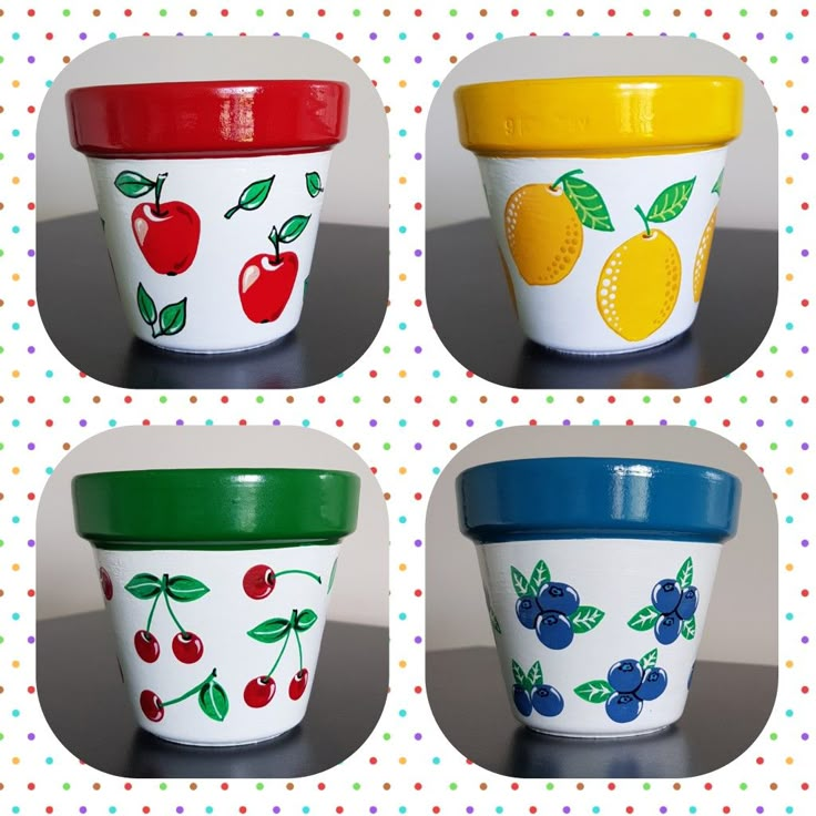 four bowls with fruit painted on them sitting next to polka dot wallpaper and colorful dots