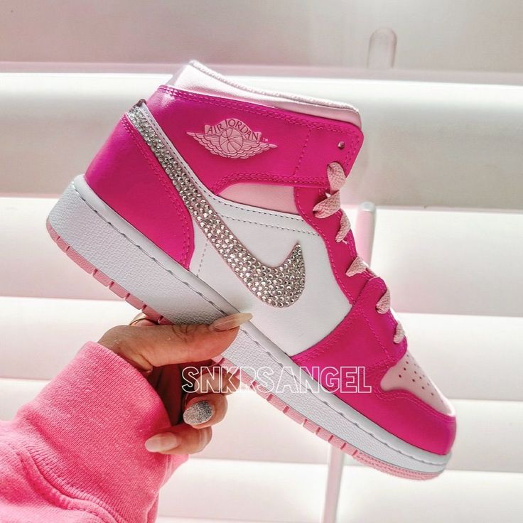 Nike Shoes | Nike Custom Air Jordan 1 Mid Barbie Pink, Hot Pink Rhinestone Sneakers | Color: Pink | Size: Various Rhinestone Nikes Shoes, Rhinestone Nike Dunks, Preppy Shoes Jordans, Nike Shoes Pink And White, Badazzel Shoes, Cutest Jordans, Cute Nike Shoes Pink, Nike Shoes Cute, Cute Shoes Jordans