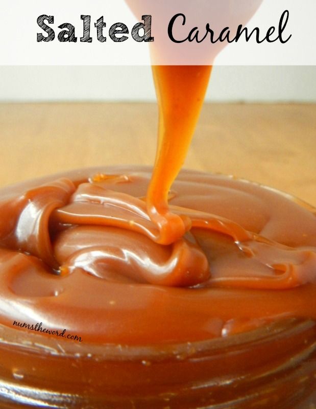 caramel sauce being drizzled on top of a cake with the words salted caramel