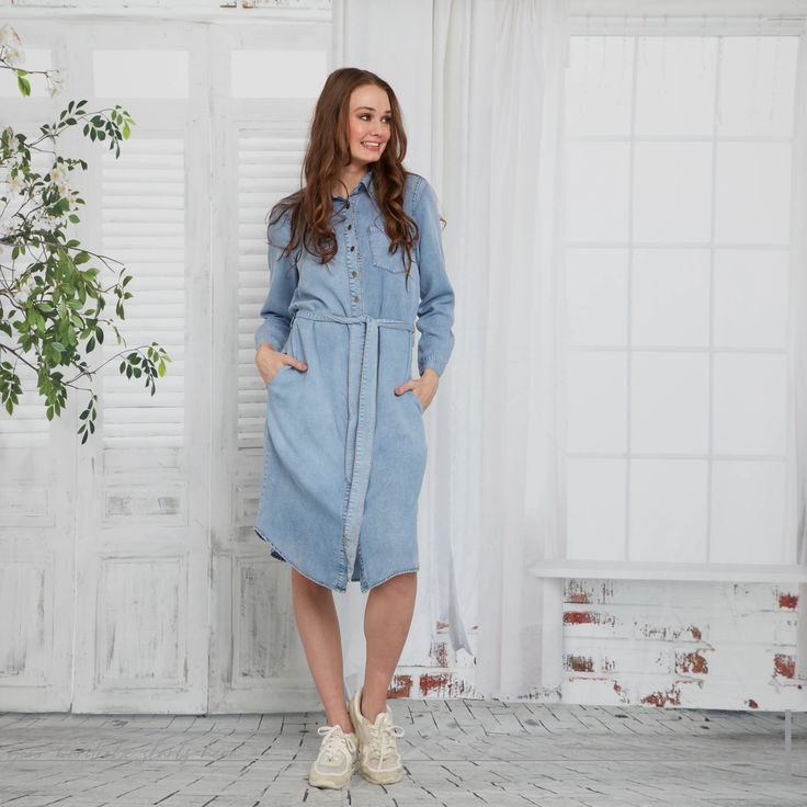 Experience effortless style with this denim dress. This button down summer dress is crafted from high-quality denim, offering comfort and durability. Perfect for any occasion, this dress is a must-have addition to your wardrobe. Elevate your look and feel confident in this versatile and chic piece! Medium Wash Button-up Dress For Daywear, Relaxed Fit Chambray Denim Dress In Medium Wash, Relaxed Fit Chambray Denim Dress, Denim Blue Cotton Button-up Dress, Button-up Denim Blue Cotton Dress, Relaxed Fit Denim Blue Chambray Dress, Casual Washed Blue Chambray Denim Dress, Chambray Denim Dress With Relaxed Fit, Medium Wash Chambray Denim Dress