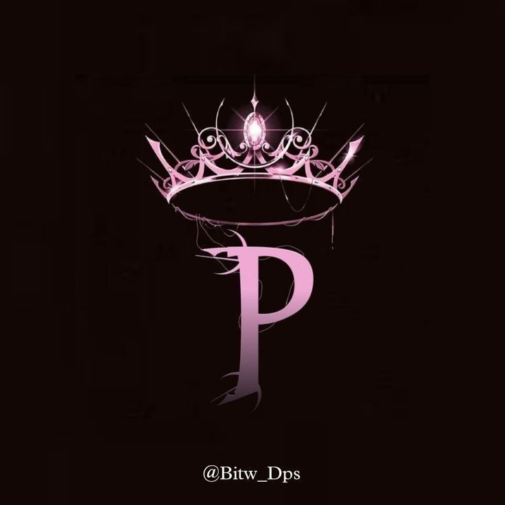 the letter p with a crown on it's head is lit up in pink