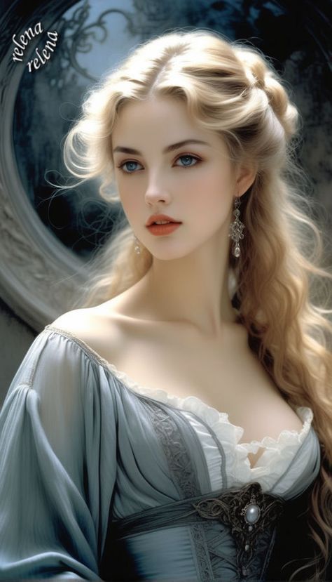 a painting of a woman with long blonde hair and blue eyes wearing a gray dress