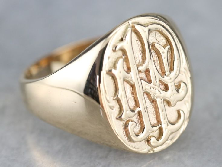 This stunning antique gold ring is solid and sturdy enough to wear every day and set low to the hand to make it comfortable and easy to wear. The top of this piece features its ornate original engraving, which is done in reverse so that the lettering stands taller than the background, with the interlocking Victorian letters "INP" done in such a way that the monogram appears more decorative and stylized than the traditional English font monogram. Sized and styled for a man or a woman, this is tru Signet Rings Women Vintage, Victorian Letters, Mens Gold Signet Rings, Antique Gold Ring, Yellow Gold Sapphire Ring, Antique Gold Rings, Custom Signet Ring, Signet Rings Women, English Font