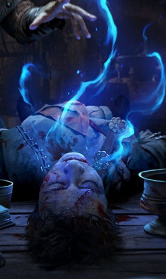 an evil looking person laying on the ground with blue flames coming out of his head