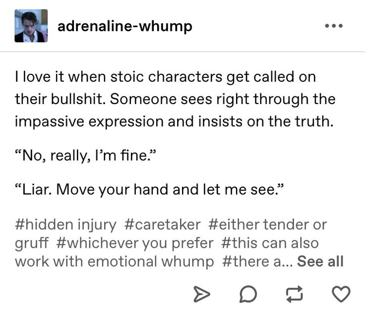 an instagram with the caption'i love it when stoic characters get called on their bullish someone sees right through the impassive expression