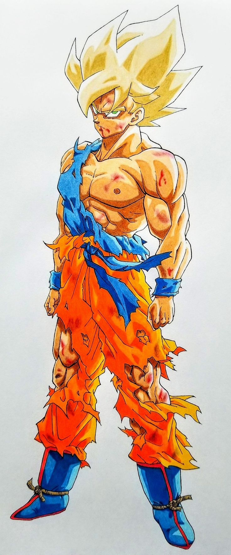 a drawing of gohan from the dragon ball game, with his chest and arms stretched out