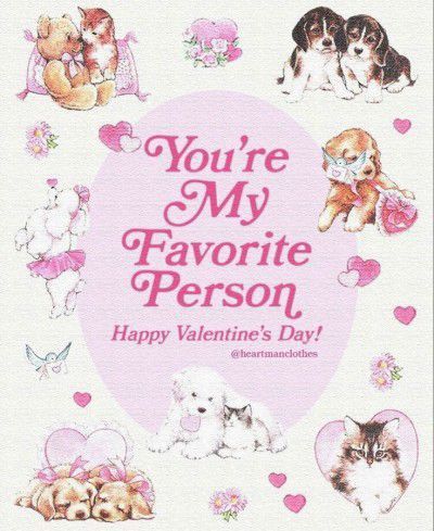 valentine's day card with dogs and puppies in the center, surrounded by hearts