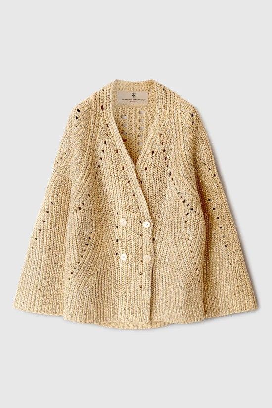 an open knit cardigan sweater with holes on the front and back, in beige