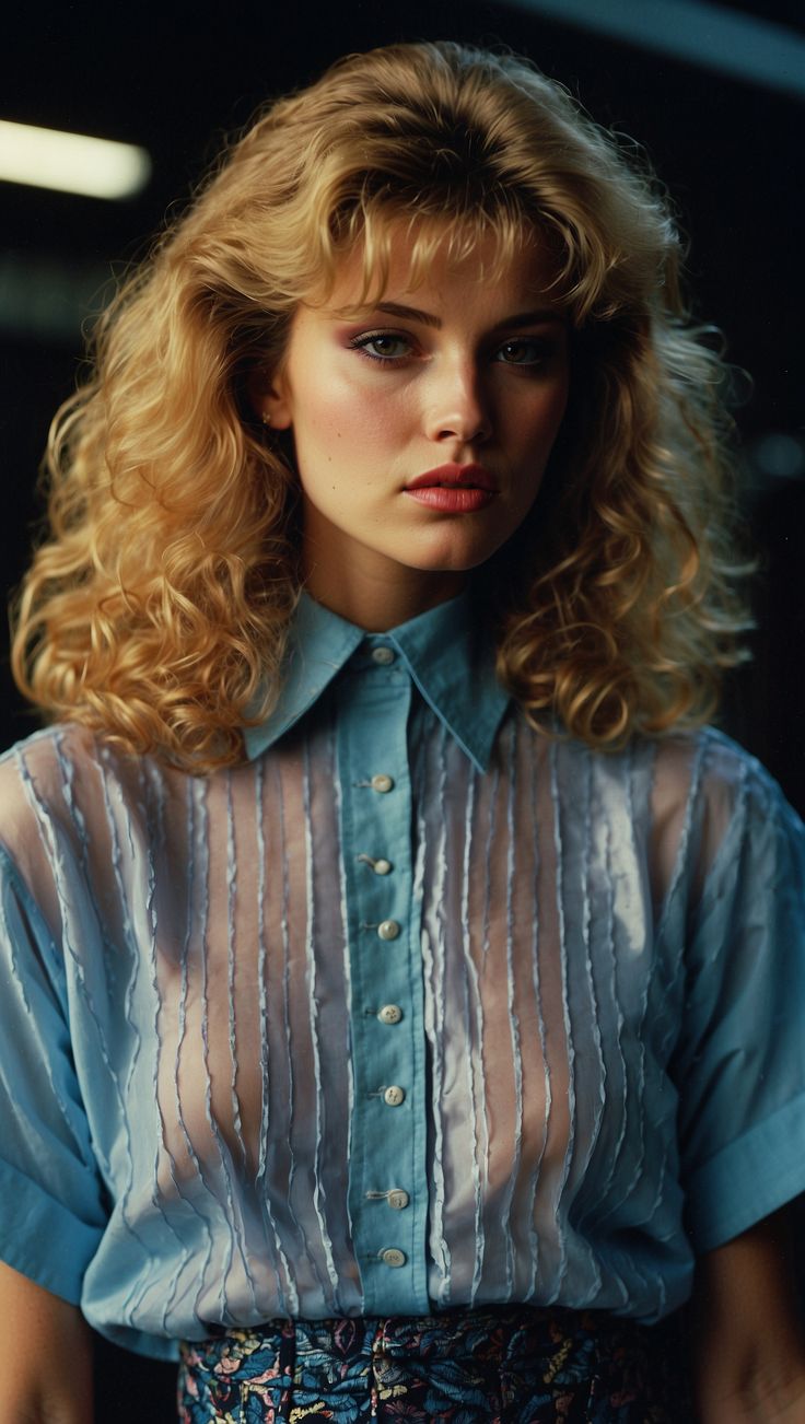 A woman with voluminous curly hair, wearing a light blue sheer top and bold makeup, capturing the essence of fashion of the 80s. Fashion 80s Women, 80s Hairstyles, Fall Fashion Ideas, 80s Inspired Outfits, Statement Tops, Fashion 1980s, Chic Fall Fashion, Vibrant Fashion, Fashion Mom