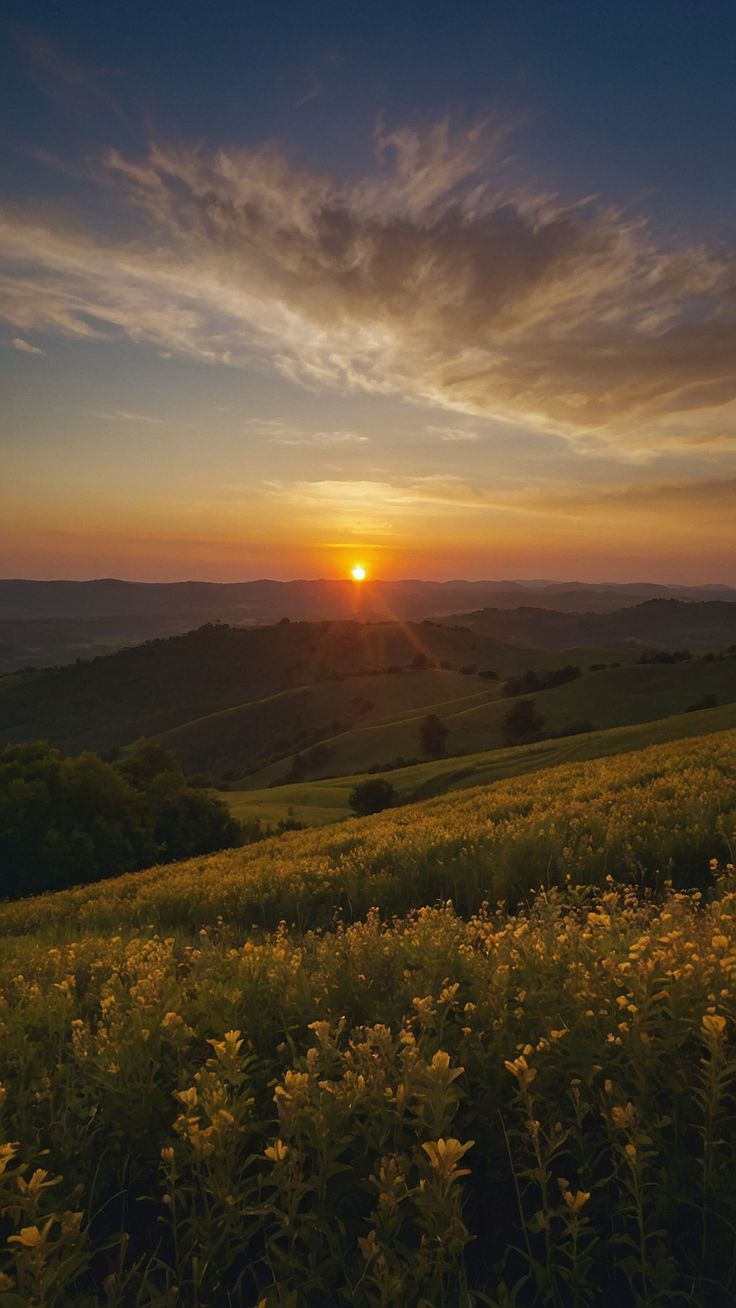 the sun is setting over a field with wildflowers