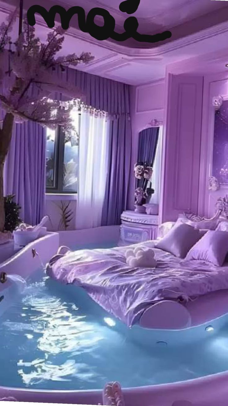 a bedroom with purple walls and an oval shaped jacuzzi tub in the middle