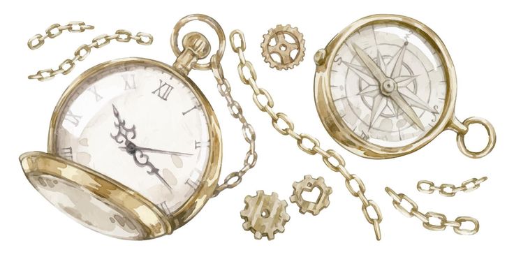 an antique pocket watch with chain and gear attached to the front, set against a white background