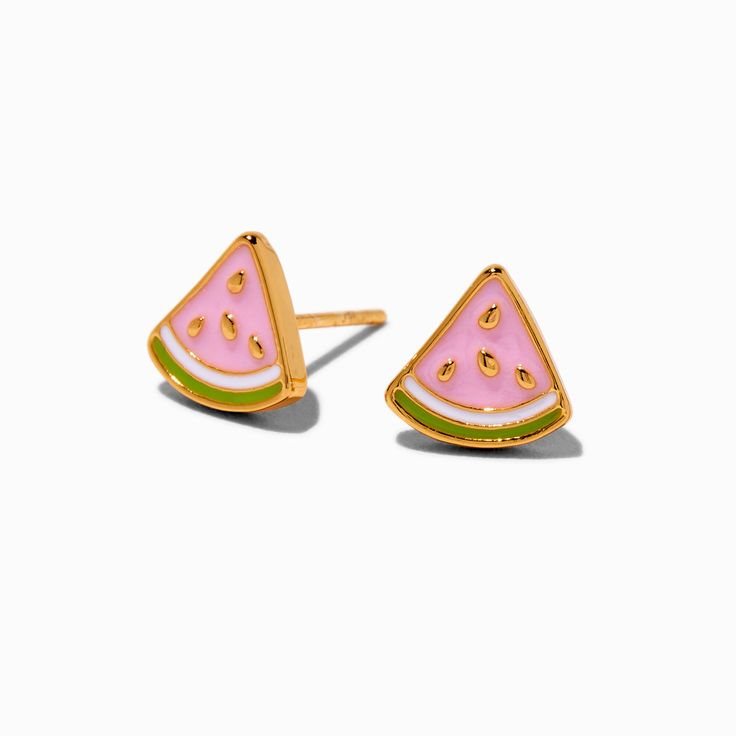 Claire's 18k Gold Plated Watermelon Stud Earrings Claires Earrings Claire's, Cute Pink Huggie Jewelry, Playful Jewelry Set With Drop Earrings, Playful Jewelry Set With Matching Drop Earrings, Pink Nickel-free Huggie Jewelry, Summer Gift Yellow Gold Earrings, Yellow Gold Drop Earrings For Summer, Playful Green Summer Jewelry, Summer Green Playful Jewelry