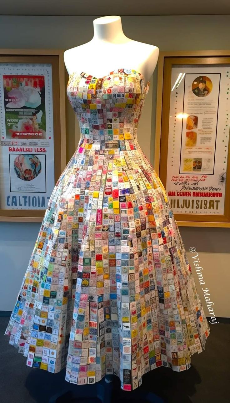 a dress made out of magazines is on display