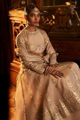 Powder peach anarkali with gota patti, sequin, bead embroidery in floral stripe pattern. Paired with border embroidered palazzo and metallic fringe bordered dupatta. - Aza Fashions Tissue Silk Anarkali Churidar For Reception, Anarkali Tissue Silk Churidar For Reception, Anarkali-style Churidar In Tissue Silk For Receptions, Elegant Floor-length Gota Work Churidar, Elegant Floor-length Churidar With Gota Work, Tissue Silk Anarkali Set With Gota Work For Reception, Anarkali Style Tissue Silk Churidar With Mirror Work, Raw Silk Churidar With Mirror Work For Reception, Elegant Dola Silk Churidar For Reception