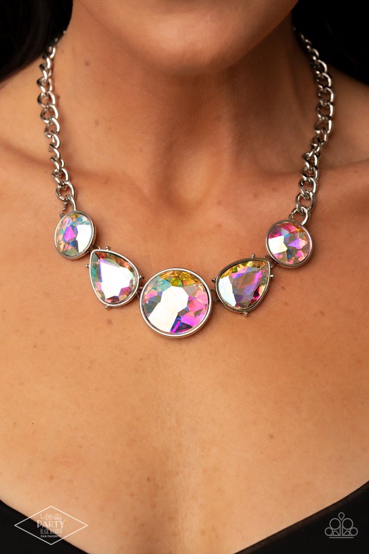 All The Worlds My Stage - Multi Color Iridescent - Silver Teardrop Necklace - Paparazzi Accessories - Infused with heavy silver chain, an exaggerated display of round and teardrop shaped iridescent rhinestones connects below the collar for a blinding look. Features an adjustable clasp closure. Paparazzi Jewelry Images, Multi Necklace, Diamond Life, Red Necklace, Pink Necklace, Paparazzi Accessories, Life Of The Party, Teardrop Necklace, In The Spotlight